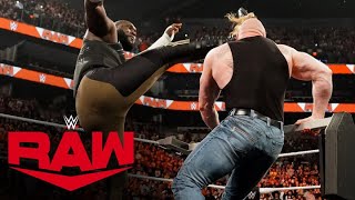 Omos hits a devastating kick on Brock Lesnar during a preWrestleMania brawl Raw March 27 2023 [upl. by Latoyia416]