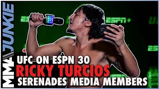 TUF 29 Bantamweight champ Ricky Turcios celebrates by serenading media present after UFC on ESPN 30 [upl. by Harwill]