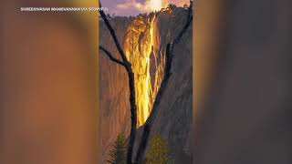 Sun creates glowing firefall on Yosemites Horsetail Fall [upl. by Critta639]