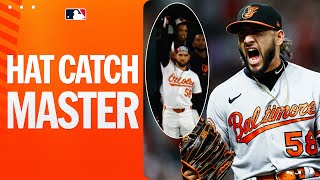 MASTER OF THE HAT CATCH Orioles pitcher has caught 4 homers with his hat SINCE LAST YEAR 🧢 [upl. by Eseela]