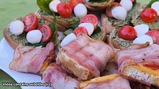 MOZZARELLA BRUSCHETTAS AND GRILLED BACON SANDWICHES  GRILL dishes PART 2 [upl. by Dnomaj]