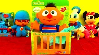 Baby Sniffles Ernie Sneezes on Cookie Monster Mickey Mouse Thomas Tank 123 Sesame Street Disney Toys [upl. by Ecirpak]