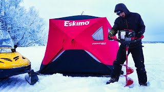 Overnight on a Frozen Lake  Ice Fishing Tent Camping [upl. by Wilbert129]