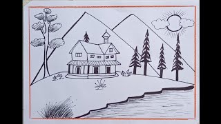 How to sketch a beautiful house scenery drawing with pen 🖊️ [upl. by Haerr298]