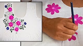 Designer Hand Painted Flower Design on Kurti Neck  Free Hand Painting on Fabric [upl. by Robbert5]