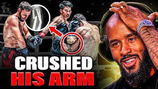 BROKEN ARM 😱 BRUTAL KO By Muay Thai PHENOM Tawanchai  MIGHTY MOUSE BREAKDOWN [upl. by Lemahs]