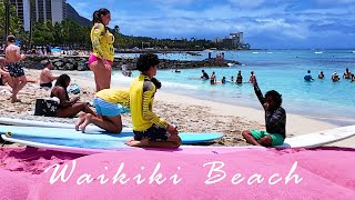 Surfers Waiting for the Breaks in Waikiki Beach  4K Walking Tour [upl. by Caralie840]