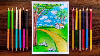 Nature Scenery Drawing with Cheap Colour Pencils for beginners  step by step [upl. by Oiliduab70]