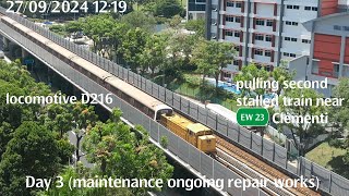 Locomotive D216 pulling stalled C151 105106 near Clementi [upl. by Lobell]