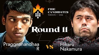 Round 11  Praggnanandhaa R vs Hikaru Nakamura  FIDE Candidates 2024 [upl. by Vail]