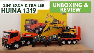 RC Huina 1319 2in1 Flat Bed Truck Trailer Carrier Excavator Transporter Review  Alat Angkut 1318 [upl. by Yud866]