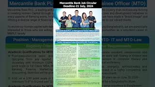 Mercantile Bank Job CircularMTODeadline21 July 2024 [upl. by Lechar]