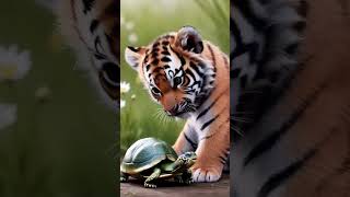 🐯Tiger Cub Meets 🐢Turtle A Heartwarming Moment of Curiosity and Calm babyanimals tiger turtle [upl. by Adah148]