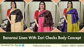 Price 1599  Code  NSES221 Advance Booking 25 Days Banarasi Linen With Zari Checks Body Concept [upl. by Carpio]