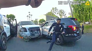 LAPD Cops Unleash a Barrage of Bullets on Suspect Who Rammed Multiple Police Cars [upl. by Nickolaus]