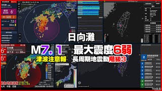 【緊急地震速報 警報｜津波注意報】20240808 1642 日向灘M71 最大震度6弱 長周期階級3 地震 [upl. by Herrington]