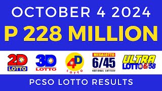 Lotto Result Today 9pm October 4 2024  PCSO Complete [upl. by Etat]