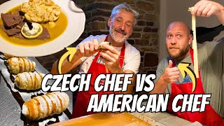 AMERICAN CHEF Tries Cooking CZECH FOOD in PRAGUE 🇨🇿 Trying Svickova and Kremrole [upl. by Nohsav]