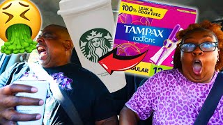 REPLACING HIS STARBUCKS TEA BAG WITH A BLOODY TAMPON PRANK HILARIOUS REACTION [upl. by Newman]