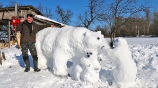 I sculpted a giant POLAR BEAR snow sculpture for 1 day Polar bear family [upl. by Alysoun]