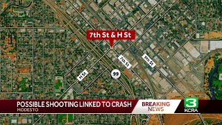 Modesto police investigate shooting crash into building unknown if both connected [upl. by Lever]