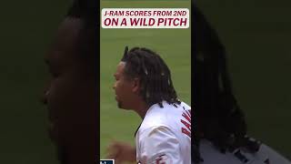 Watch JRam fly José Ramírez scored from SECOND on a wild pitch 😳 [upl. by Whitman]