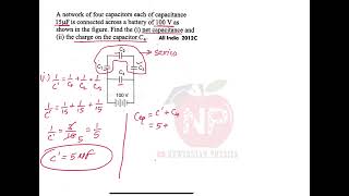 A network of four capacitors each of capacitance 15 microfarad is connected across a battery of 100V [upl. by Kirshbaum]