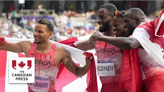 Canadian men’s 4x100 relay team on gold medal [upl. by Lundell]