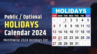 Holidays Calendar 2024  List of Public holidays Government Holidays in 2024 [upl. by Hebel]