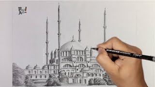 Easy sketch drawing  How to draw Selimiye Camii step by step  Architectural Selimiye Mosque Turkey [upl. by Trebliw]