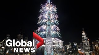 New Years 2022 Dubai puts on dazzling fireworks laser show at Burj Khalifa [upl. by Chatav]