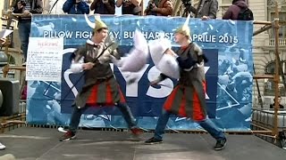 International Pillow Fight Day Celebrated In Netherlands Romania [upl. by Demmy]