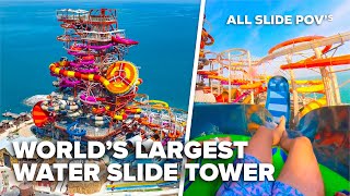 NEW World’s TALLEST water slide tower  All slide POV’s at Meryal Waterpark Qatar [upl. by Brandon]