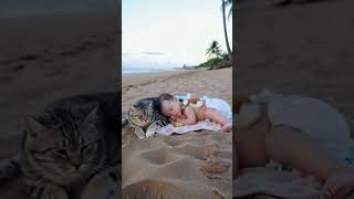 Baby and cat playing on the beach [upl. by Bible]