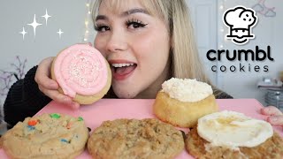 ASMR Crumbl Cookie Mukbang 🍓🧈🌈 butter cake mampm strawberry cupcake soft eating sounds whispered [upl. by Kilgore]