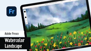 Adobe Fresco  Easy Watercolor Landscape Tutorial [upl. by Dwinnell]