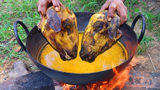 GOAT HEADS RECIPE  Goat Heads Curry Cooking in Banana Leaf  Farmer Cooking Channel [upl. by Ewart]