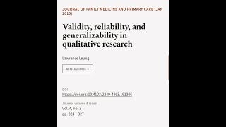 Validity reliability and generalizability in qualitative research  RTCLTV [upl. by Metzgar]