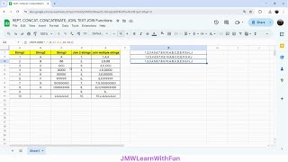 quotREPTquot quotCONCATquot quotCONCATENATEquot quotJOINquot amp quotTEXTJOINquot functions in Google Sheets [upl. by Nosnaj]