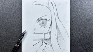 Anime sketch  how to draw nezuko half face stepbystep [upl. by Doig]