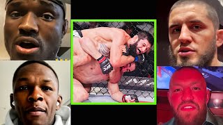 Fighters react Khamzat Chimaev submits Robert Whittaker in round 1 at UFC 308 [upl. by Cartan]