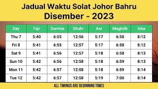 Jadual Waktu Solat Johor Bahru Disember  2023 [upl. by Ayres569]