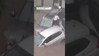 Cars Piled Up amp Underwater During Cyclone Belal in Mauritius [upl. by Llevaj109]