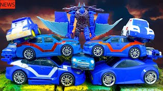 New blue rescue car super set Carbot robot transforms cartoon police car robot dinosaur [upl. by Esinad435]