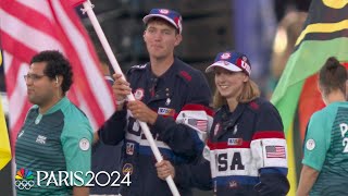 Katie Ledecky Nick Mead lead Team USA out for Closing Ceremony  Paris Olympics  NBC Sports [upl. by Alimac]