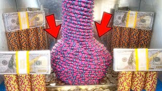 WORLD’S LARGEST “GINIE IN A BOTTLE” POKER CHIP TOWER CRASH HIGH LIMIT COIN PUSHER MEGA JACKPOT [upl. by Kantor768]