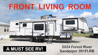 A STUNNING Front Living Fifth Wheel RV HUGE BATHROOM 2024 Sandpiper 391FLRB [upl. by Eniarol467]