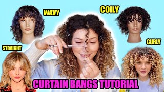 HAIRSTYLISTS GUIDE TO CUTTING YOUR OWN CURTAIN BANGS ON CURLY HAIR [upl. by Annaed]