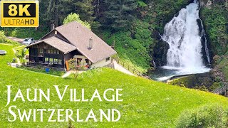 8K  Jaun village and Mysterious waterfall  Hidden Gems of Switzerland  Jaunpass  8K UHD Video [upl. by Llewoh]