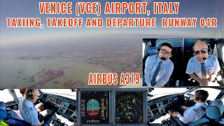 VENICE VCE Italy  Takeoff and departure over the city  Airbus A319 cockpit  pilot views [upl. by Eelyam]